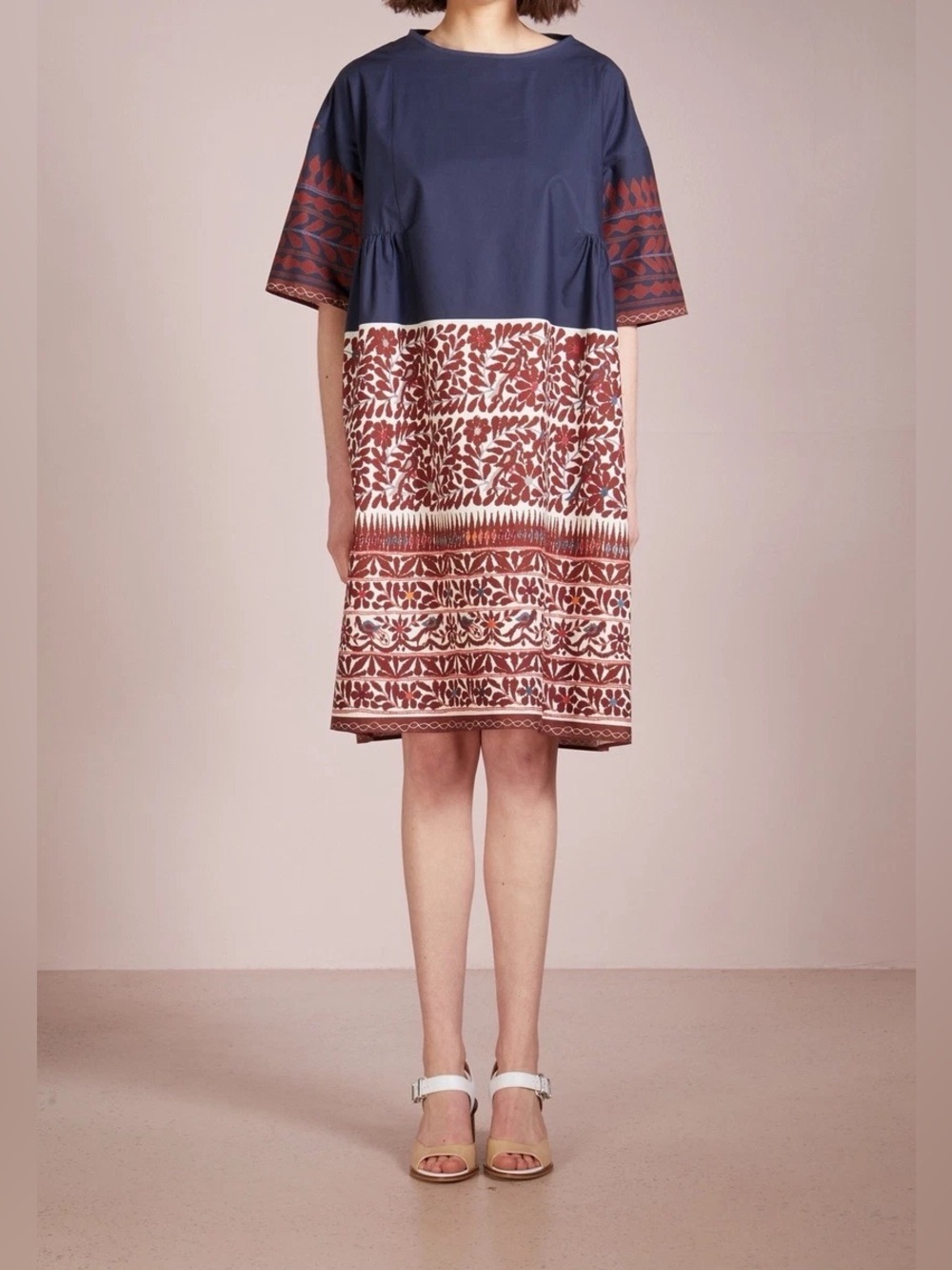 Weekend Max Mara Printed Shift Dress Blue Red Folk Floral Tunic